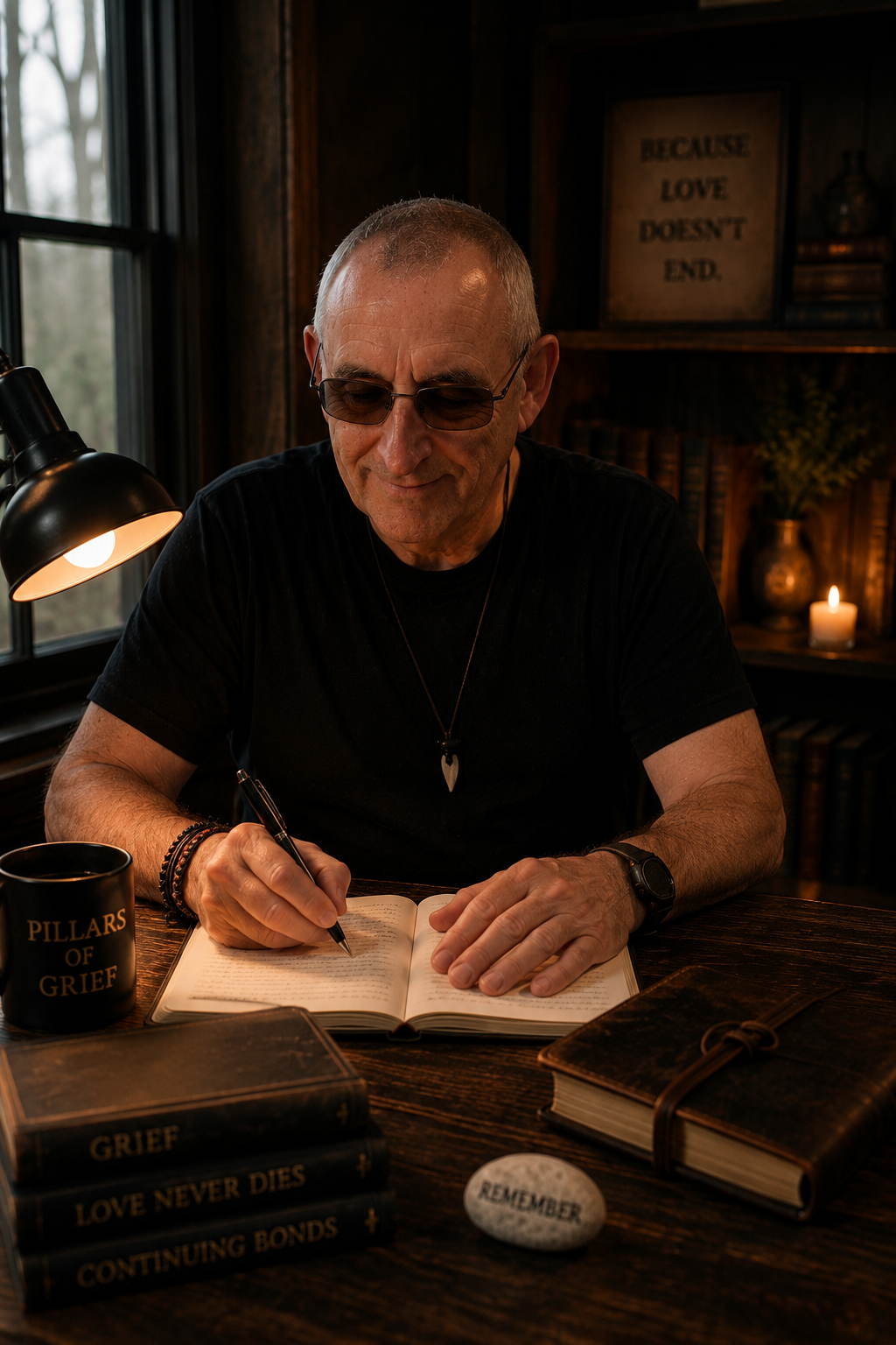 Jock Brocas writing at his desk